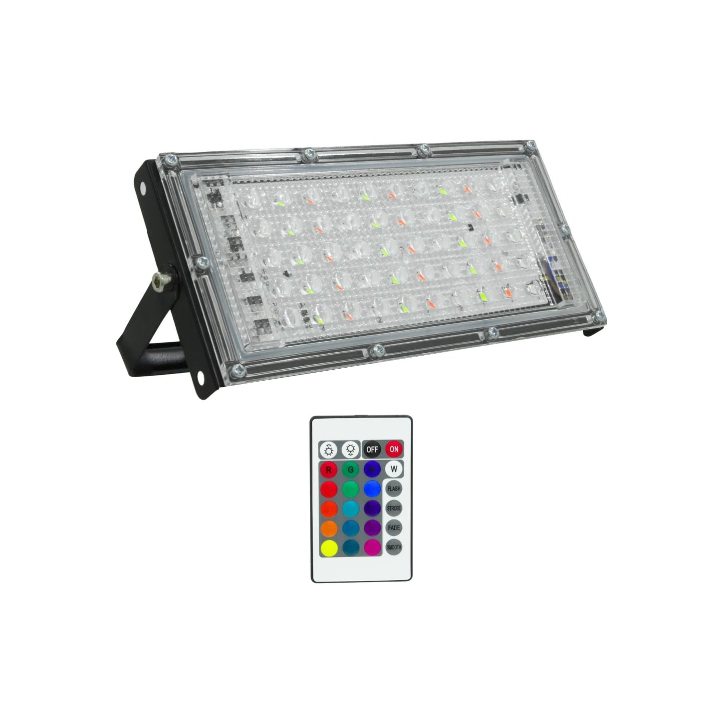 Reflector LED RGB multicolor con control remoto, lentes ópticas y base ajustable para iluminación exterior.