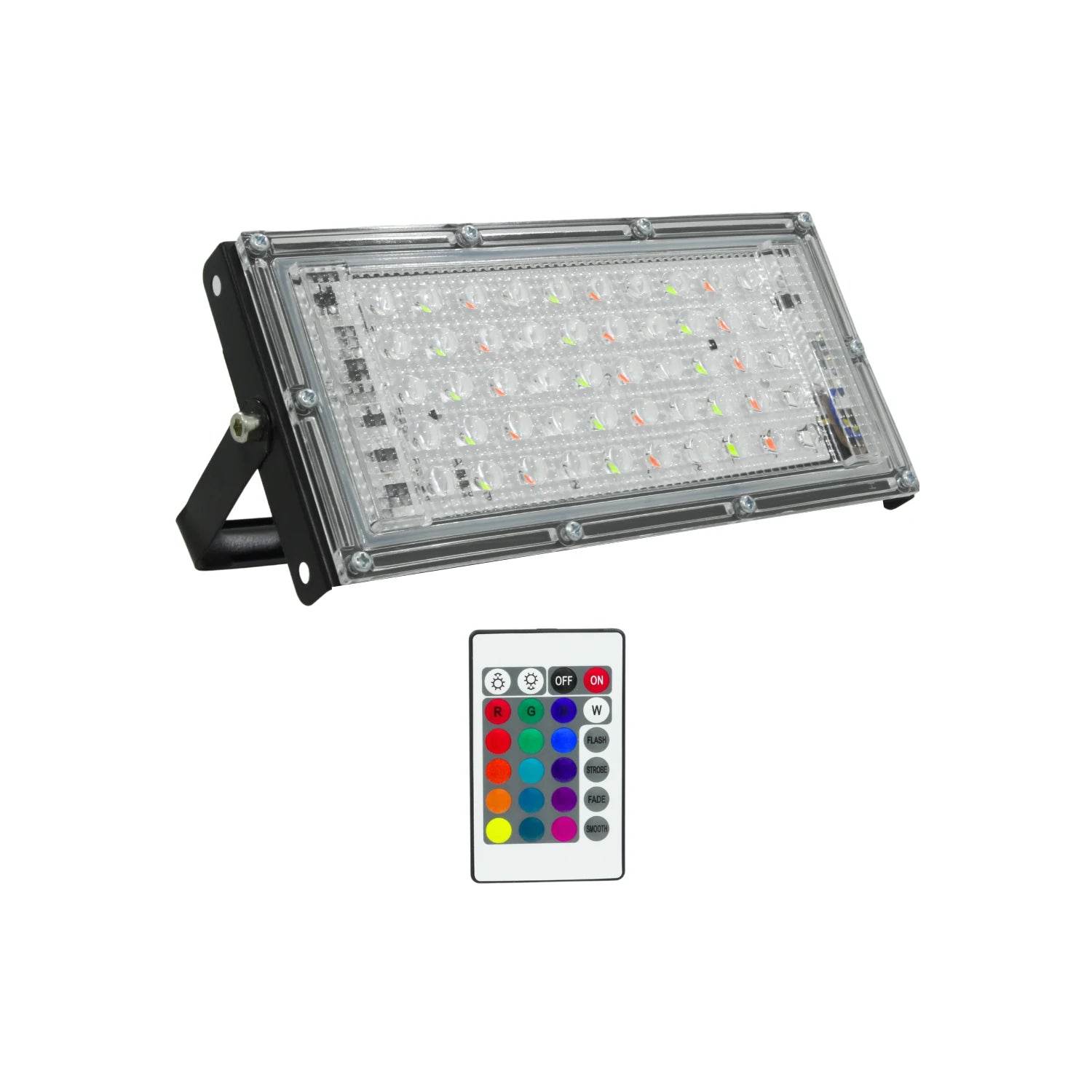 Reflector LED RGB multicolor con control remoto, lentes ópticas y base ajustable para iluminación exterior.