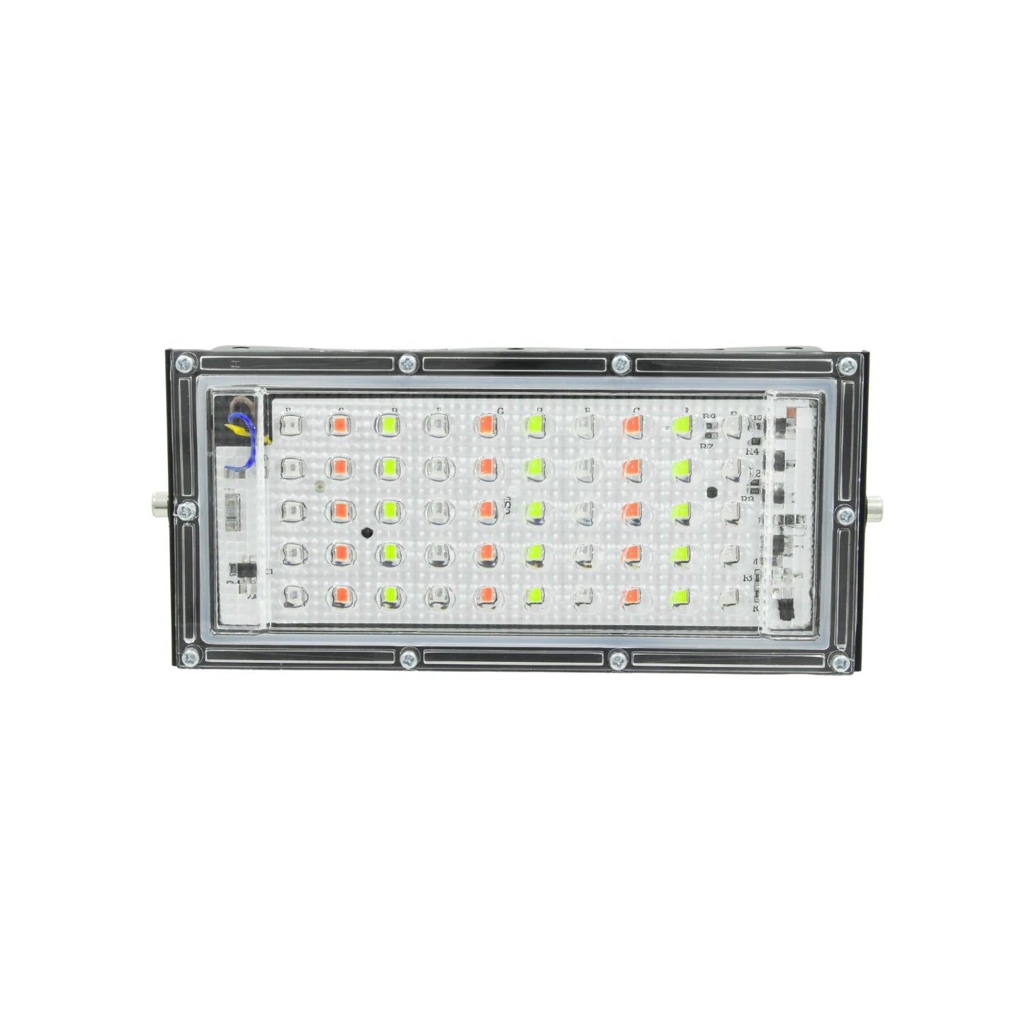 Reflector LED 50W RGB multicolor, lentes tipo lupa, carcasa metálica negra para iluminación exterior.