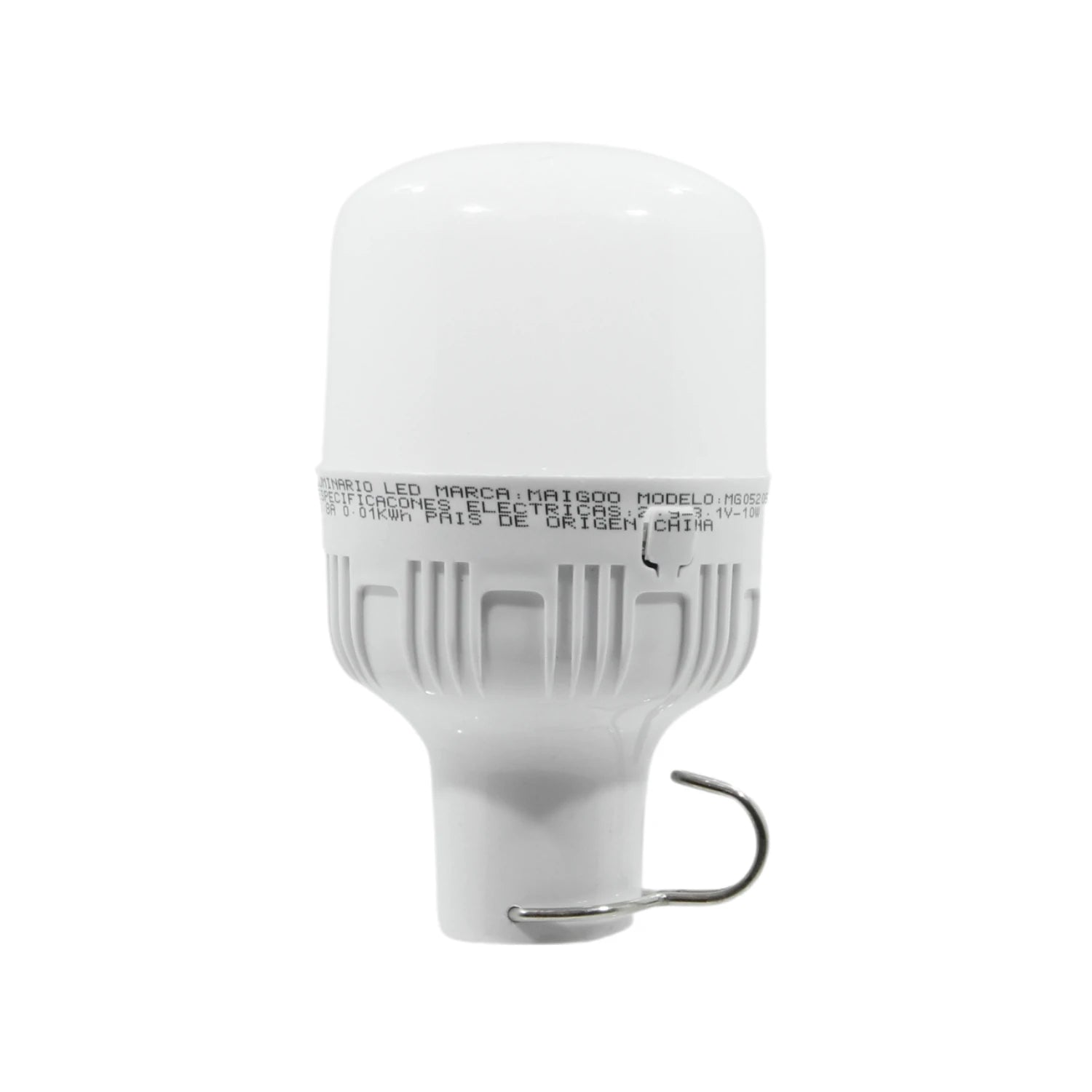 Lámpara LED recargable Maigoo MG05205 blanca 10W USB con gancho para iluminación de emergencia y camping.