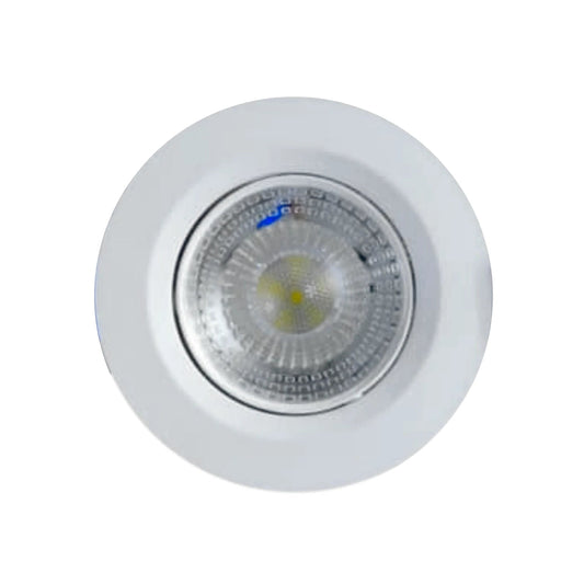 Lámpara LED empotrable redonda de 5W, color blanco, con foco dirigible, fabricada en plástico.