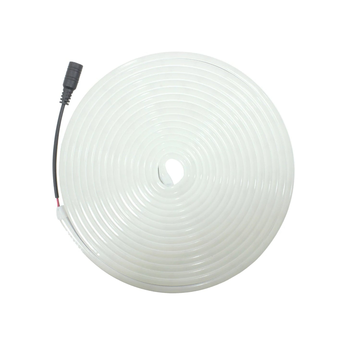 Tira LED neón flexible blanco cálido de 5m enrollada con conector eléctrico, ideal para iluminación decorativa