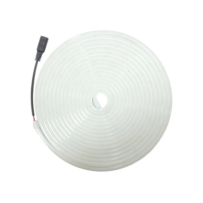 Tira LED neón flexible blanco cálido de 5m enrollada con conector eléctrico, ideal para iluminación decorativa