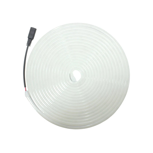 Tira LED neón flexible blanco cálido de 5m enrollada con conector eléctrico, ideal para iluminación decorativa