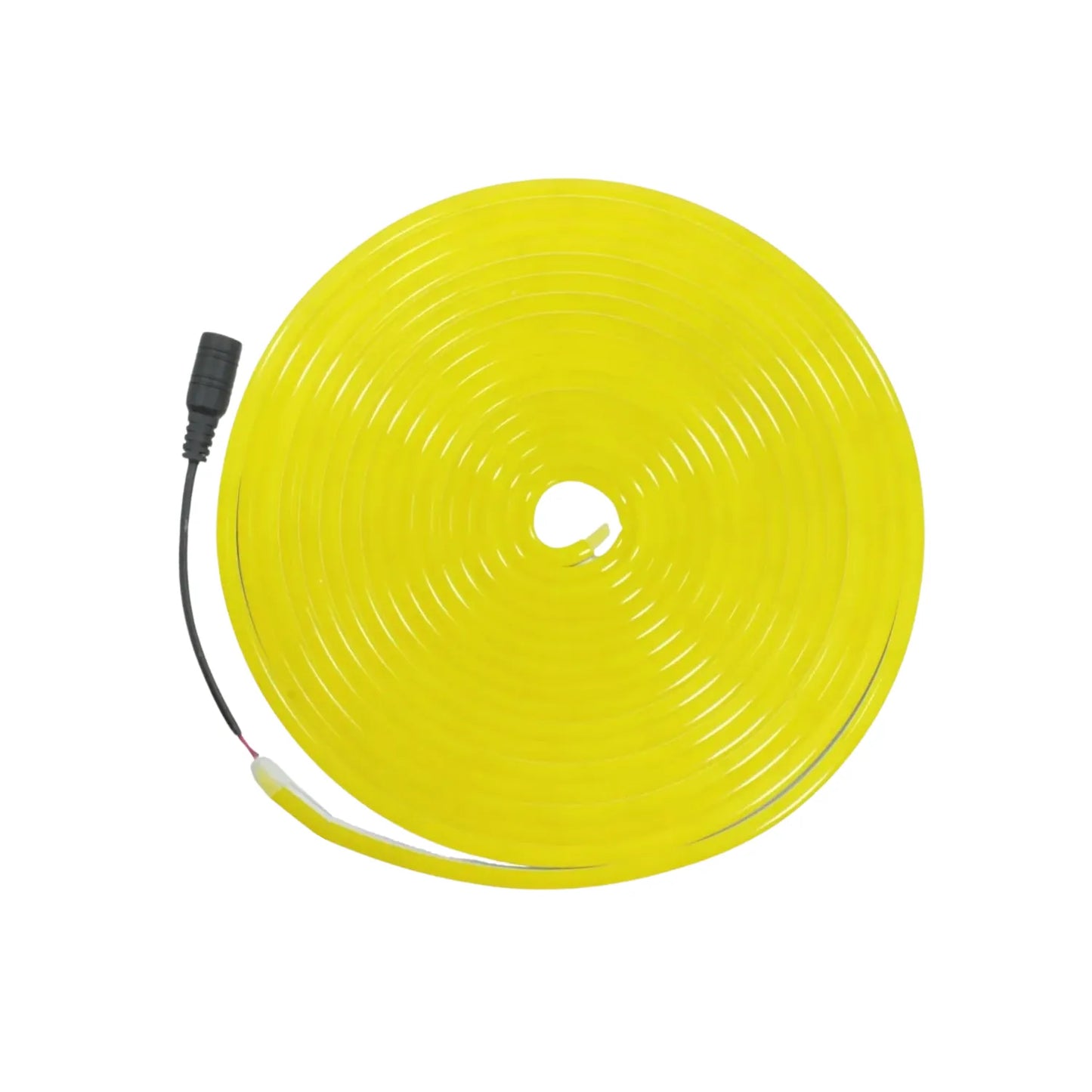 Tira LED neón amarilla flexible enrollada con conector, ideal para iluminación decorativa