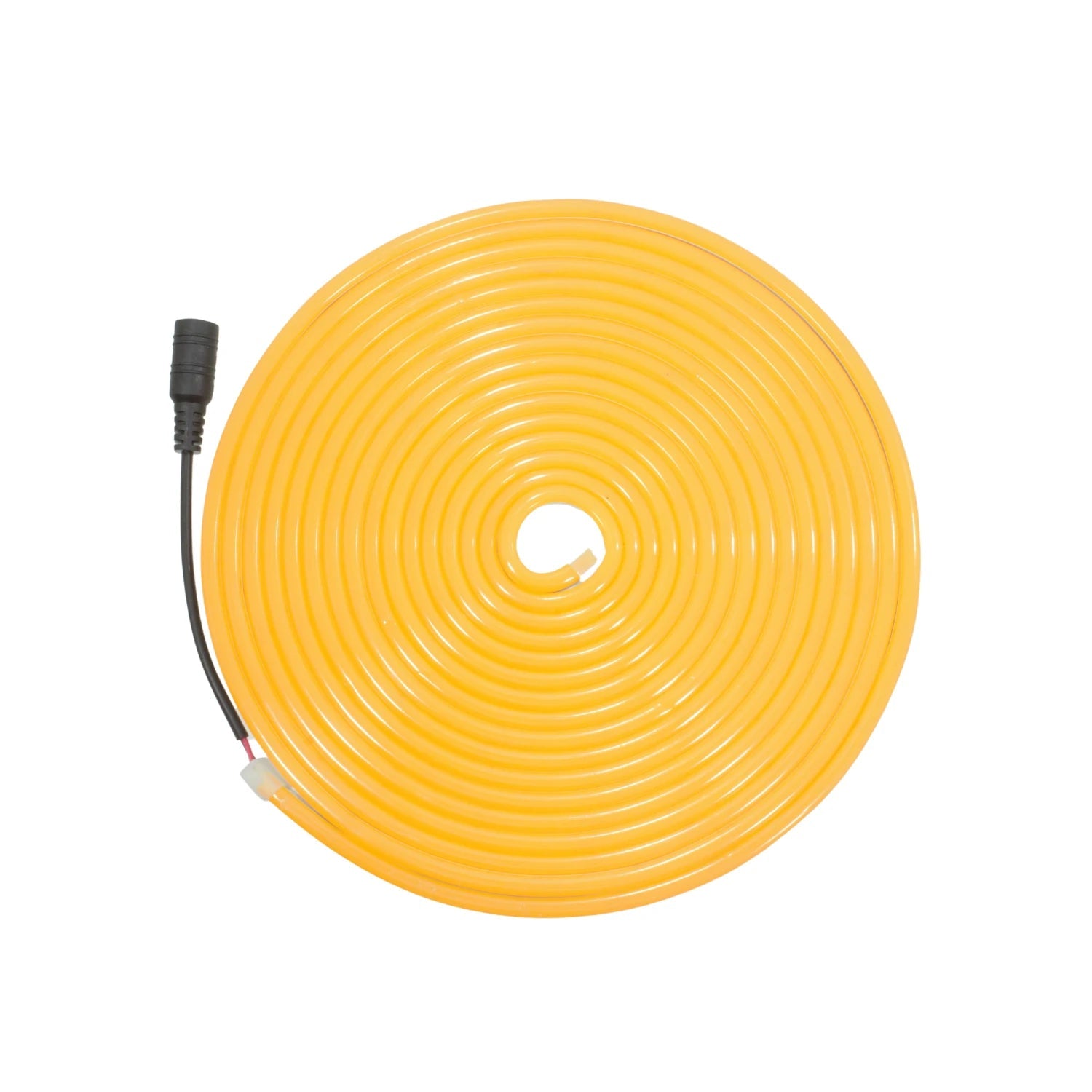 Tira LED neón flexible naranja de 5 metros enrollada con conector, ideal para iluminación decorativa