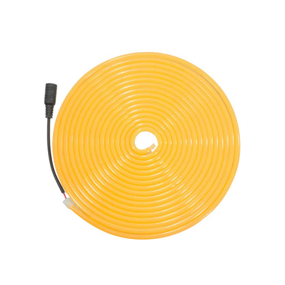 Tira LED neón flexible naranja de 5 metros enrollada con conector, ideal para iluminación decorativa