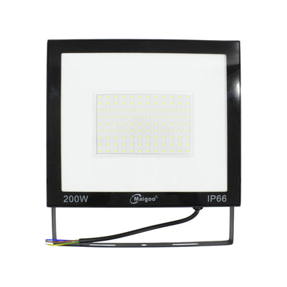 Reflector LED Maigoo negro 200W IP66 para exterior, foco de alta potencia resistente al agua.