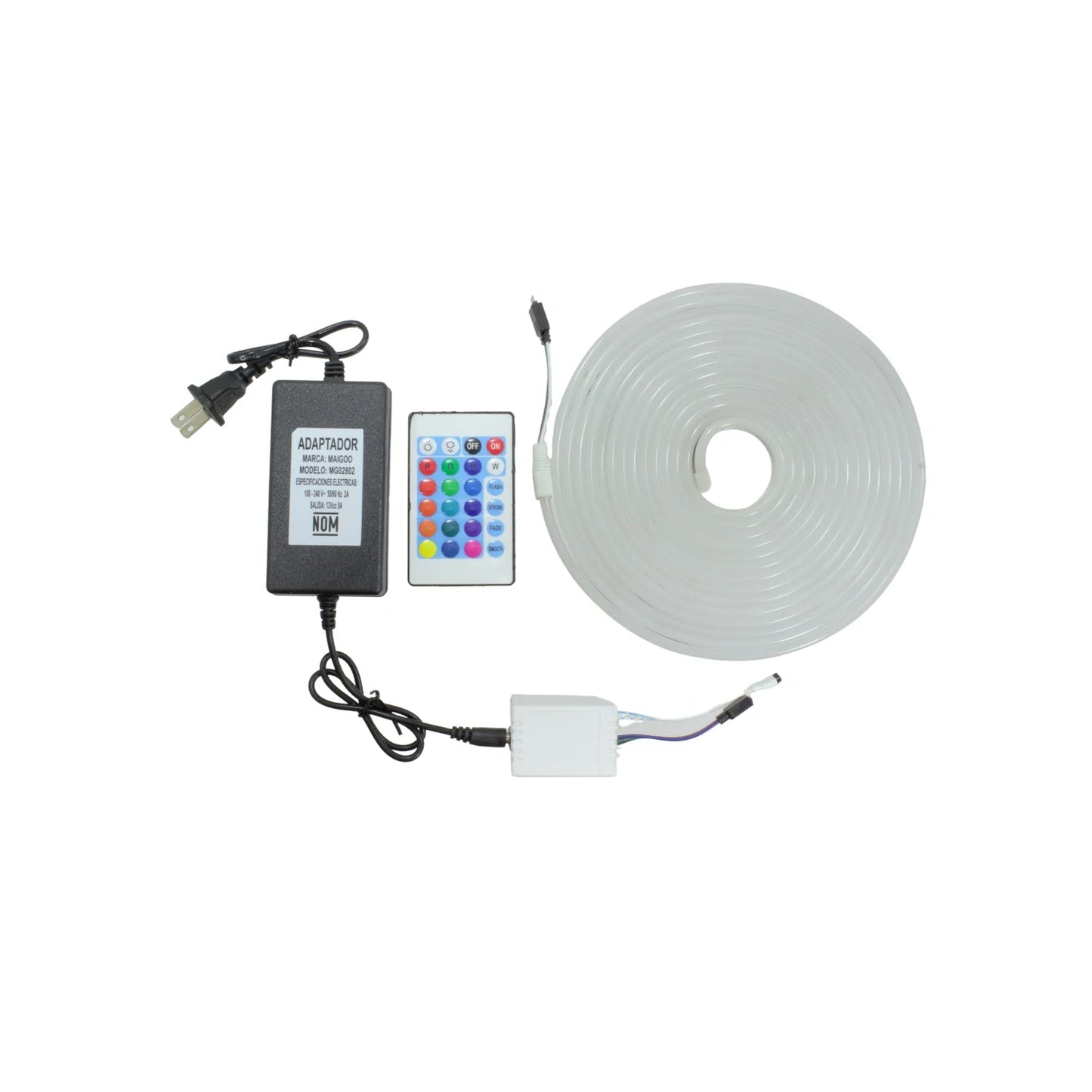 Tira LED RGB neón multicolor de 5m Maigoo con adaptador y control remoto, ideal para decoración e iluminación