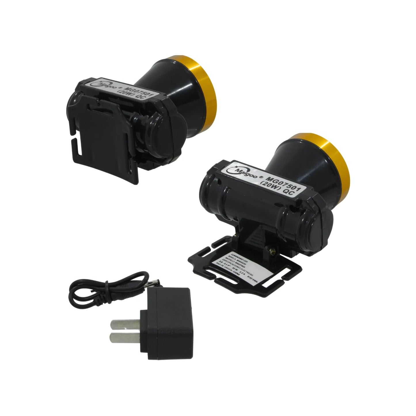 Lámparas mineras Maigoo MG07501 20W LED recargables negras, aro dorado, con cargador.
