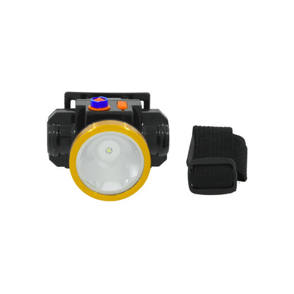 Lámpara minera LED recargable, color negro con aro amarillo y correa ajustable para la cabeza