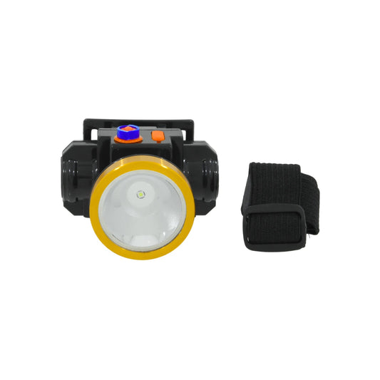 Lámpara minera LED recargable, color negro con aro amarillo y correa ajustable para la cabeza