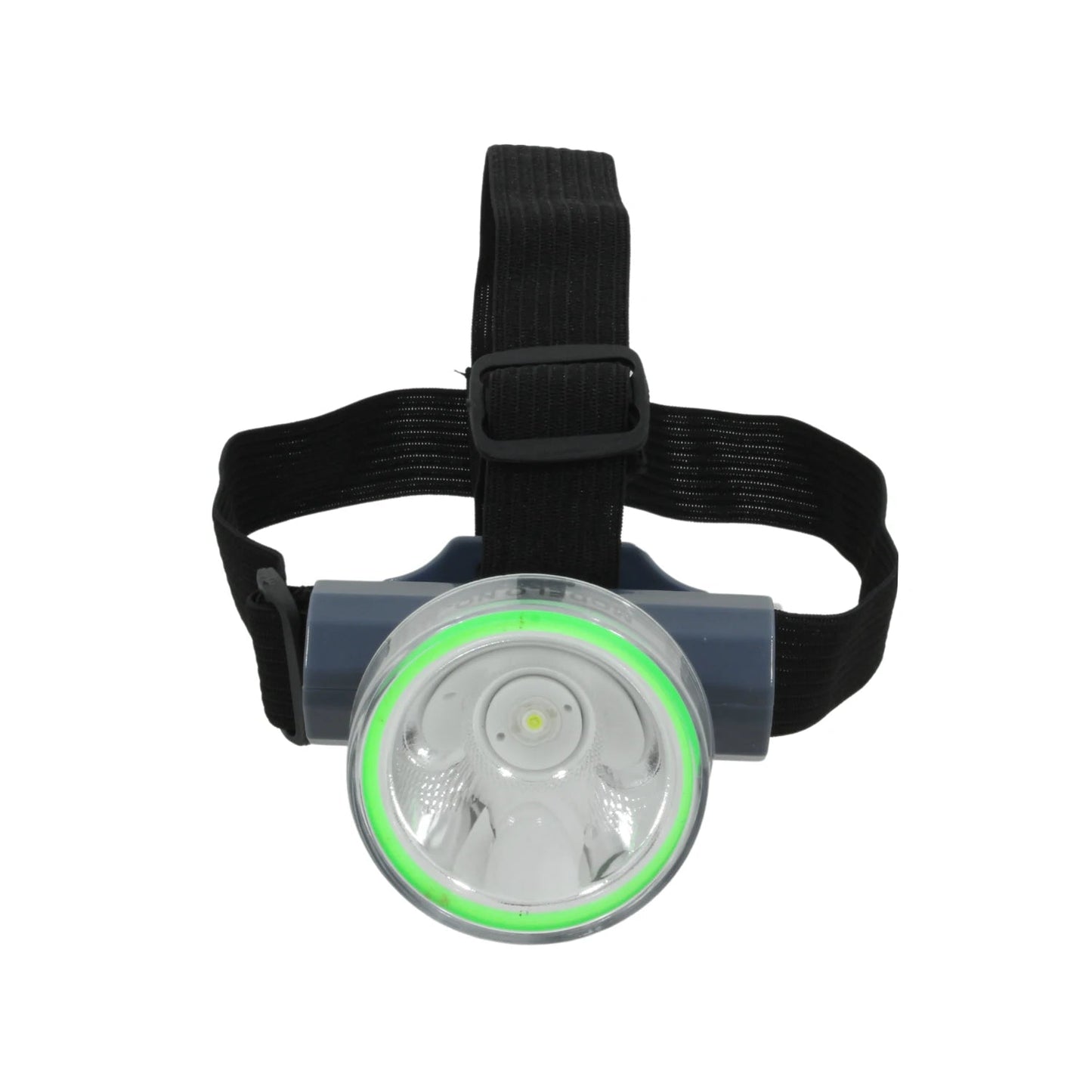 Lámpara minera recargable LED frontal gris con correa ajustable negra y aro luminoso verde