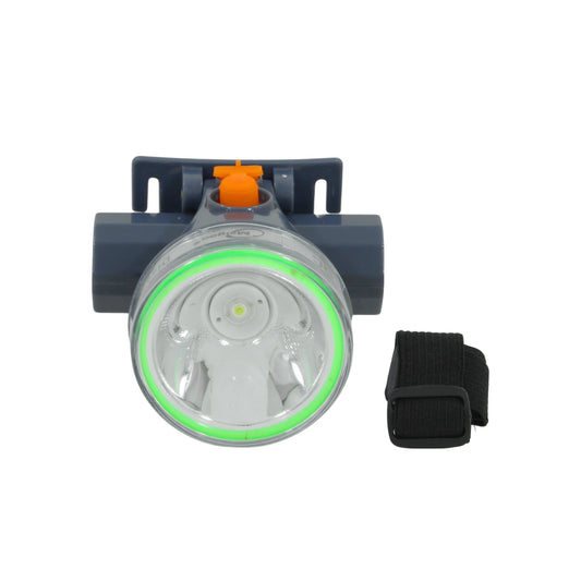 Lámpara minera frontal LED recargable gris con botón naranja y correa ajustable. Marca Maigoo.