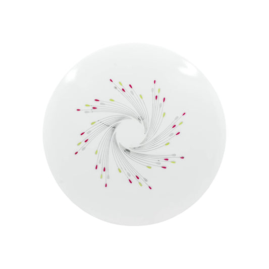 Lámpara LED redonda de sobreponer 15W, diseño rehilete con líneas grises y puntos decorativos fucsia y lima.