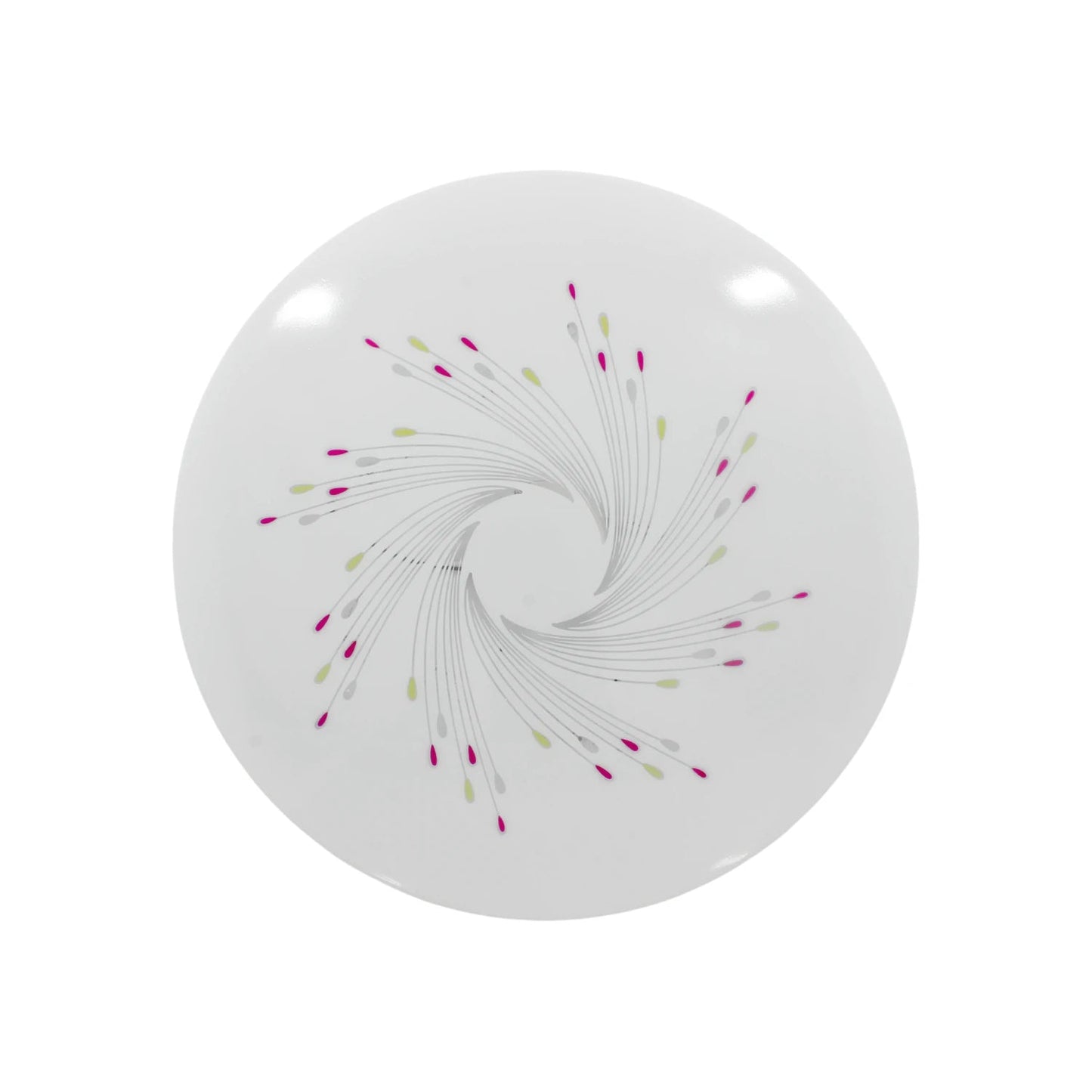 Lámpara de sobreponer LED redonda blanca 20W, diseño rehilete espiral con puntos rosa y verde lima