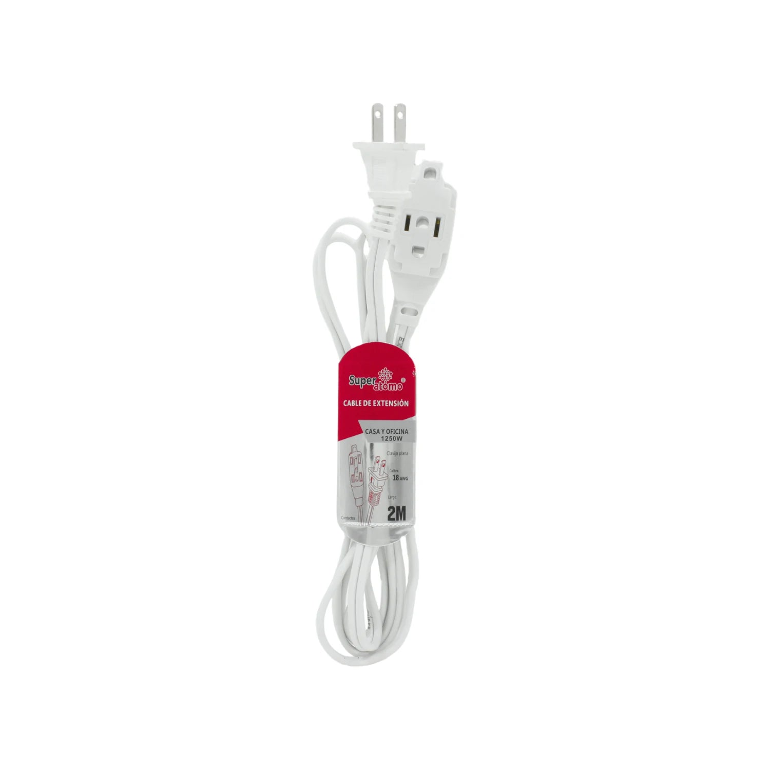 Extensión eléctrica blanca Super Átomo 2 metros, 1250W, cable 18AWG para hogar y oficina