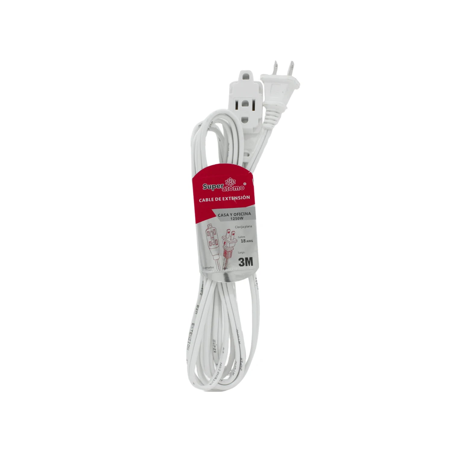 Extensión eléctrica blanca Super Atomo 3 metros, 18 AWG, 1250W para casa y oficina