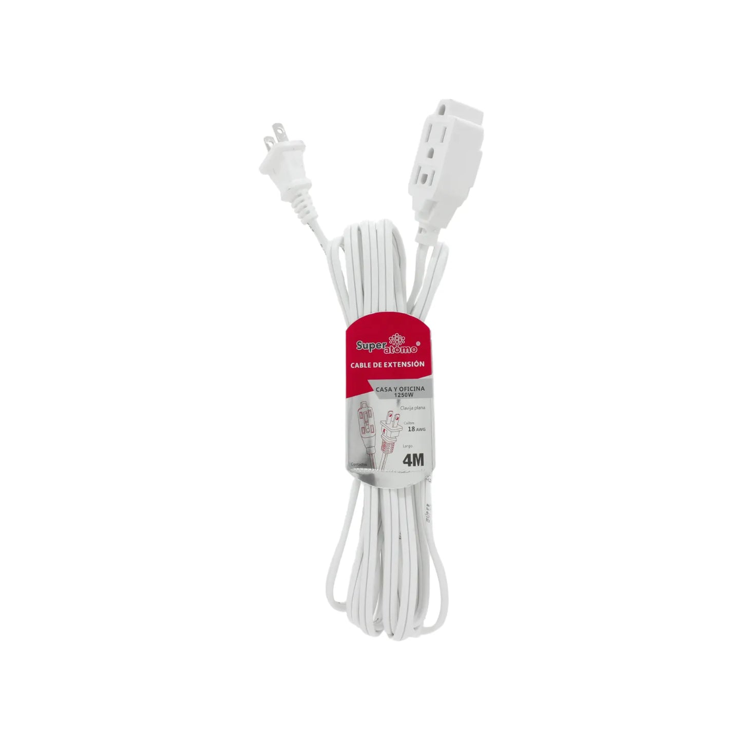 Cable de extensión blanco Super Átomo 4M, 18 AWG, 3 salidas, para casa y oficina 1250W
