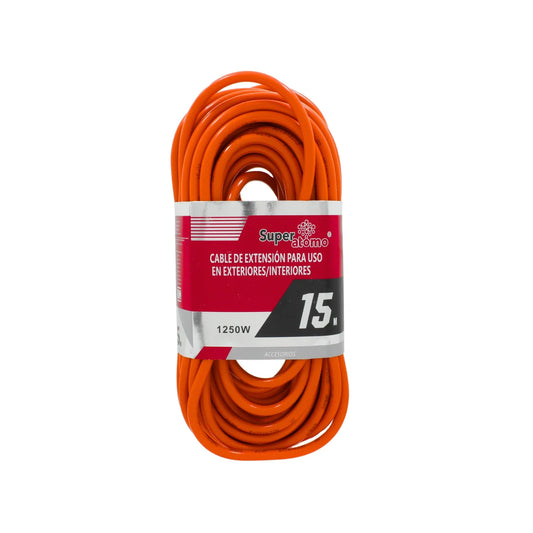 Uso pesado., Calibre: 16 AWG, Longitud: 15 metros., Clavija plana., Potencia: 1250 W, Con 3 contactos., Tensión: 127 V, Frecuencia: 60 Hz, Corriente: 13 A, Anti-flama: 60 °C