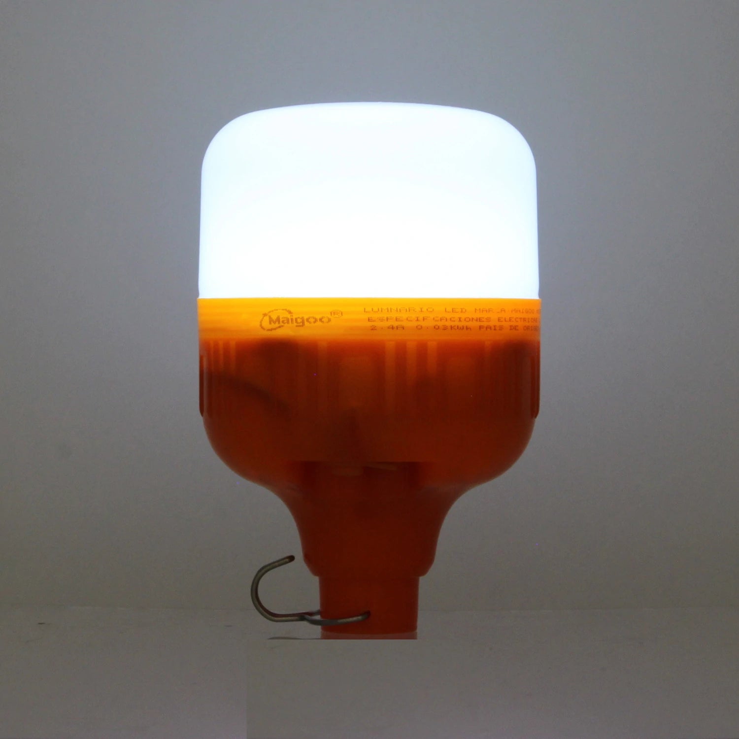 Lámpara de emergencia LED Maigoo recargable USB 30W, cuerpo naranja y luz blanca, con gancho