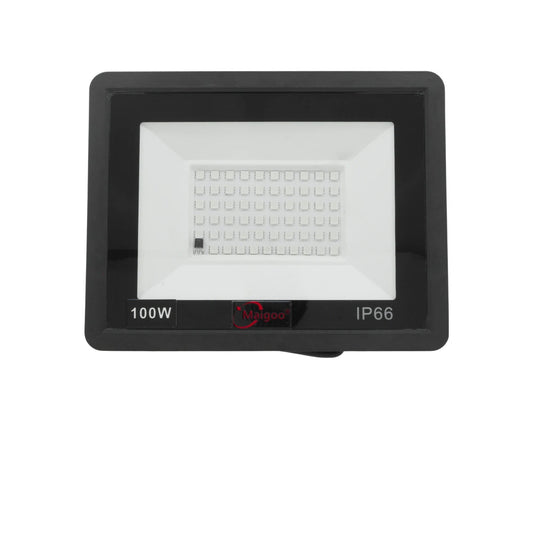 Reflector LED Maigoo 100W negro, foco de luz potente IP66 para exterior, resistente al agua y polvo.