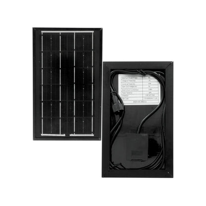 Panel solar fotovoltaico de 4W 5V con marco negro para carga de dispositivos, vistas frontal y trasera.