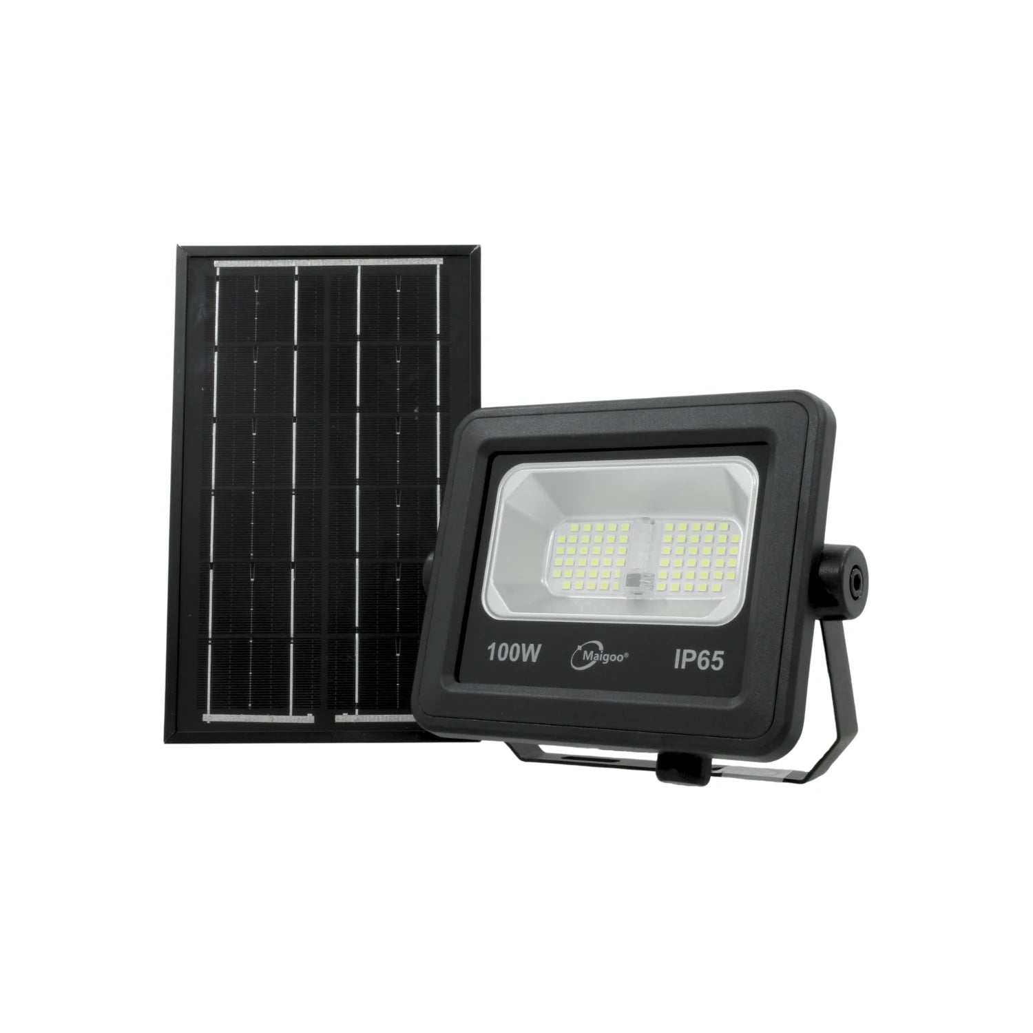 Reflector solar LED 100W Maigoo con panel, foco exterior negro resistente al agua IP65 para iluminación jardín