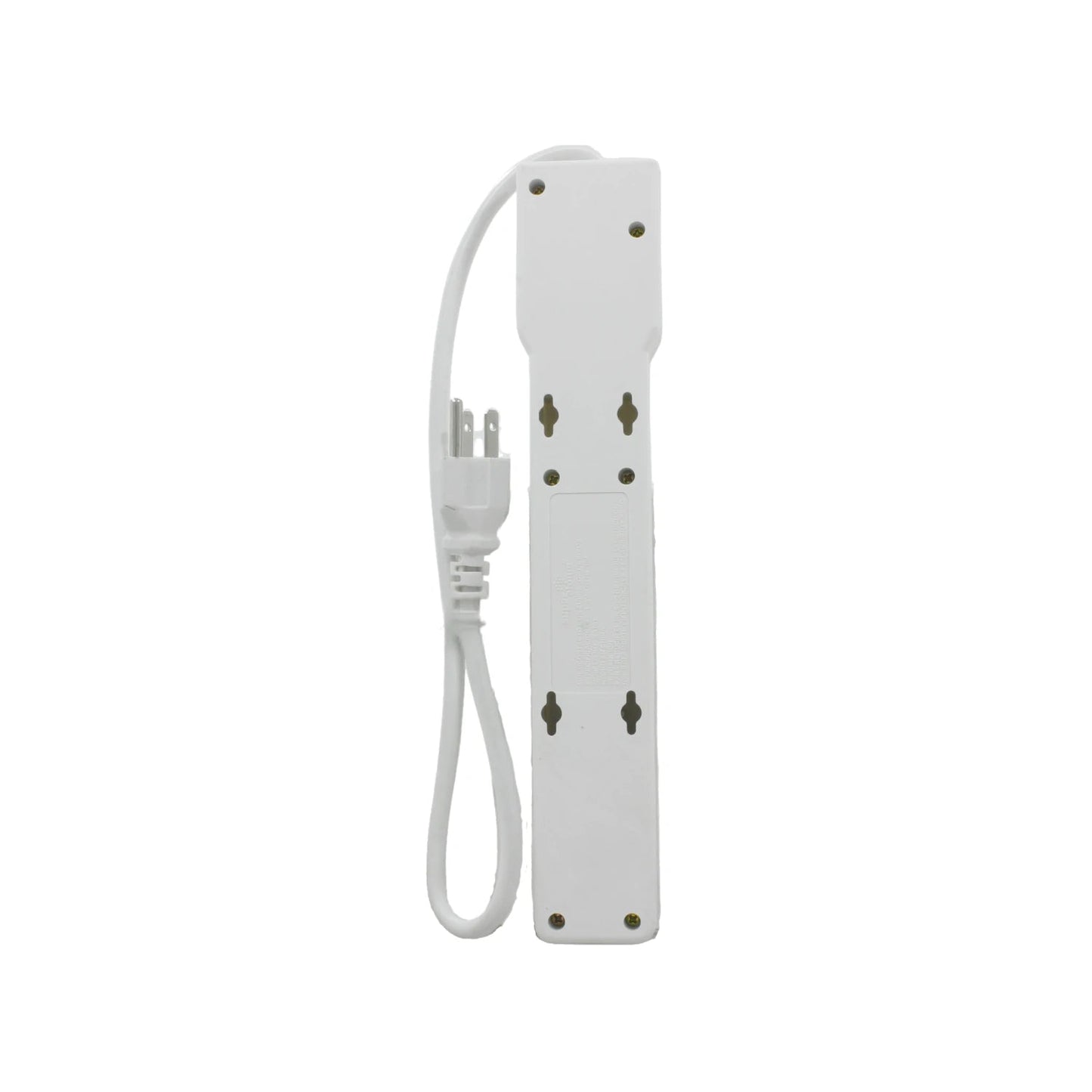 Multicontacto blanco con cable de alimentación y enchufe de 3 clavijas, vista trasera con orificios para montaje.