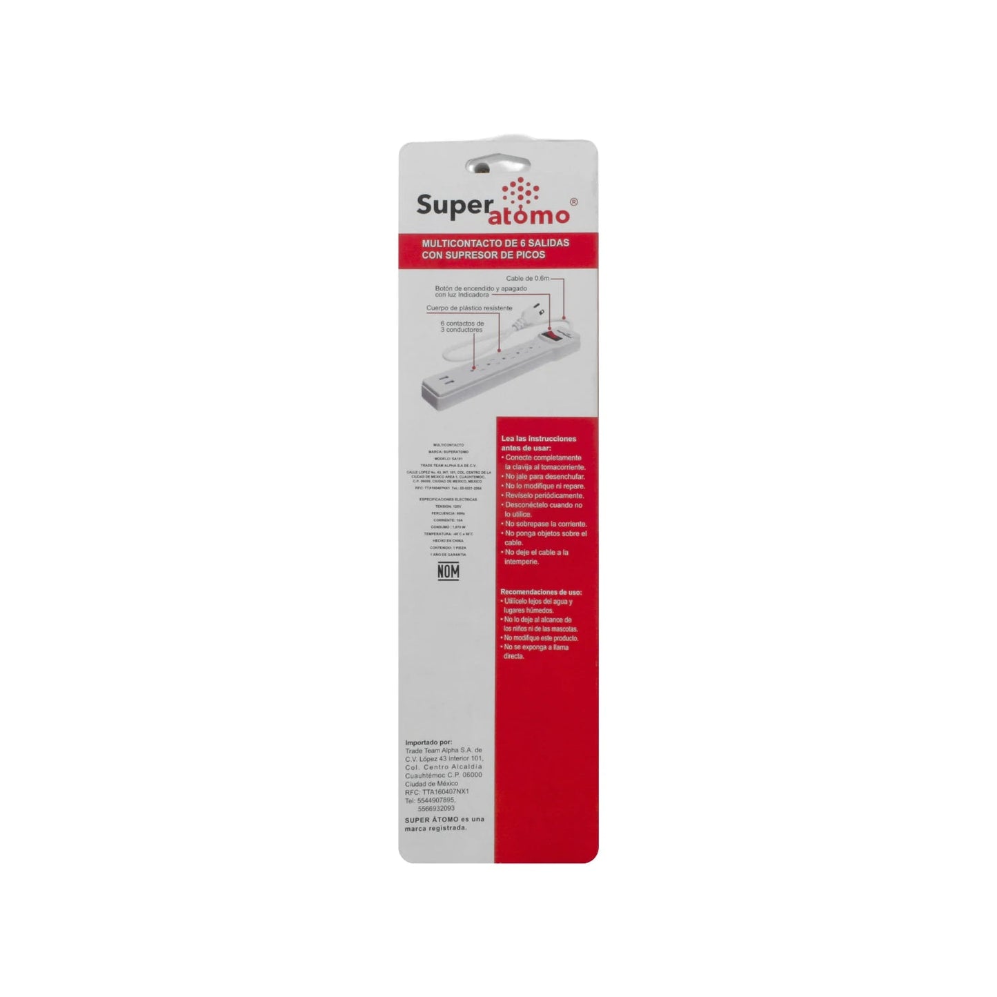 Multicontacto Super Átomo blanco, 6 salidas con supresor de picos y cable de 0.6m.