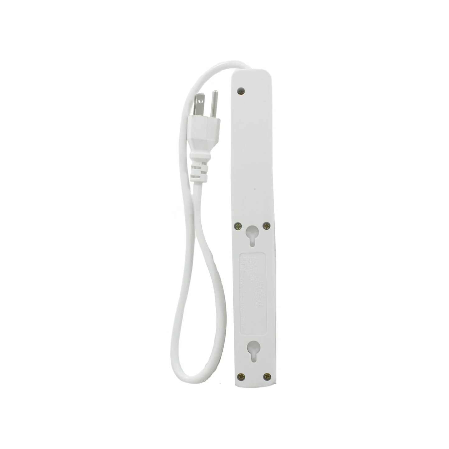 Multicontacto eléctrico blanco Super Atomic con enchufe de 2 clavijas y soporte para montaje en pared.