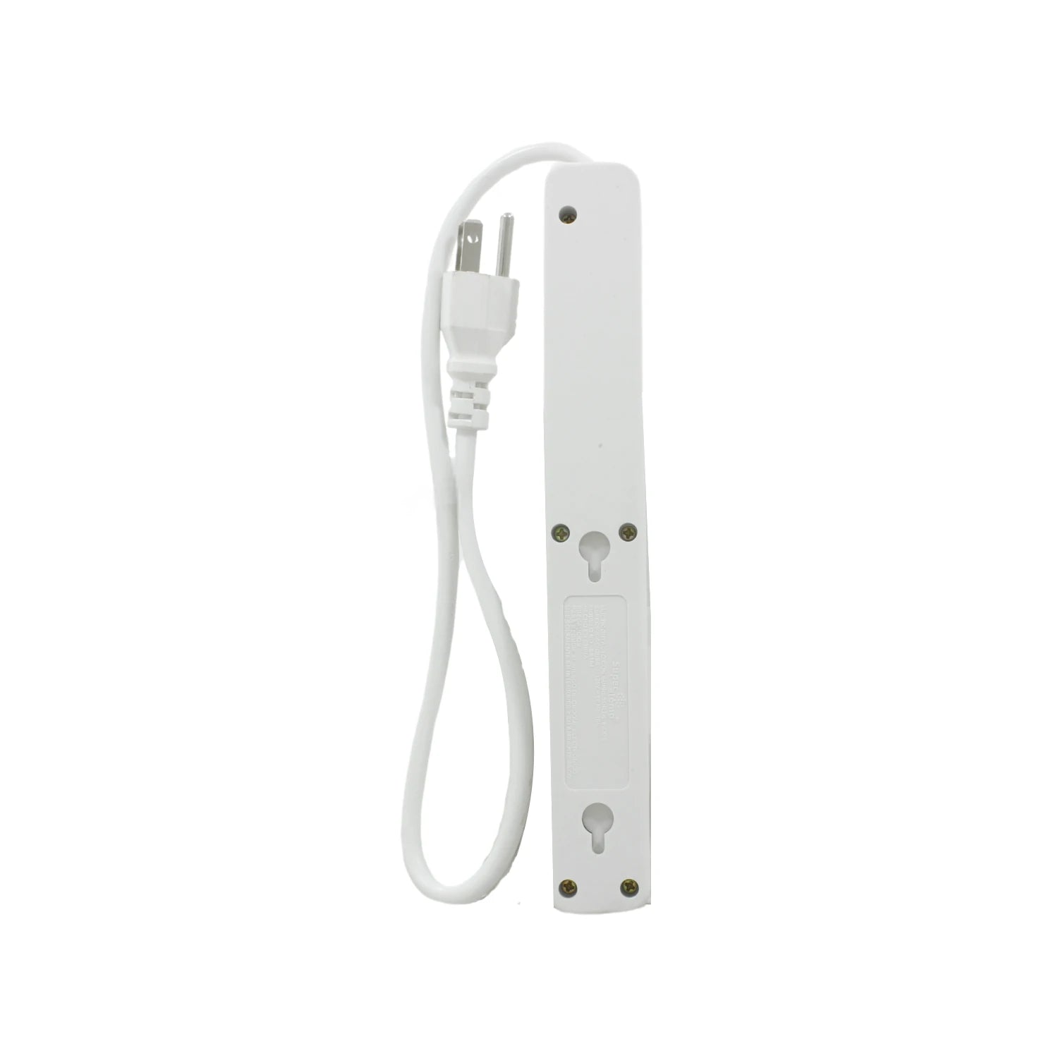 Multicontacto eléctrico blanco Super Atomic con enchufe de 2 clavijas y soporte para montaje en pared.