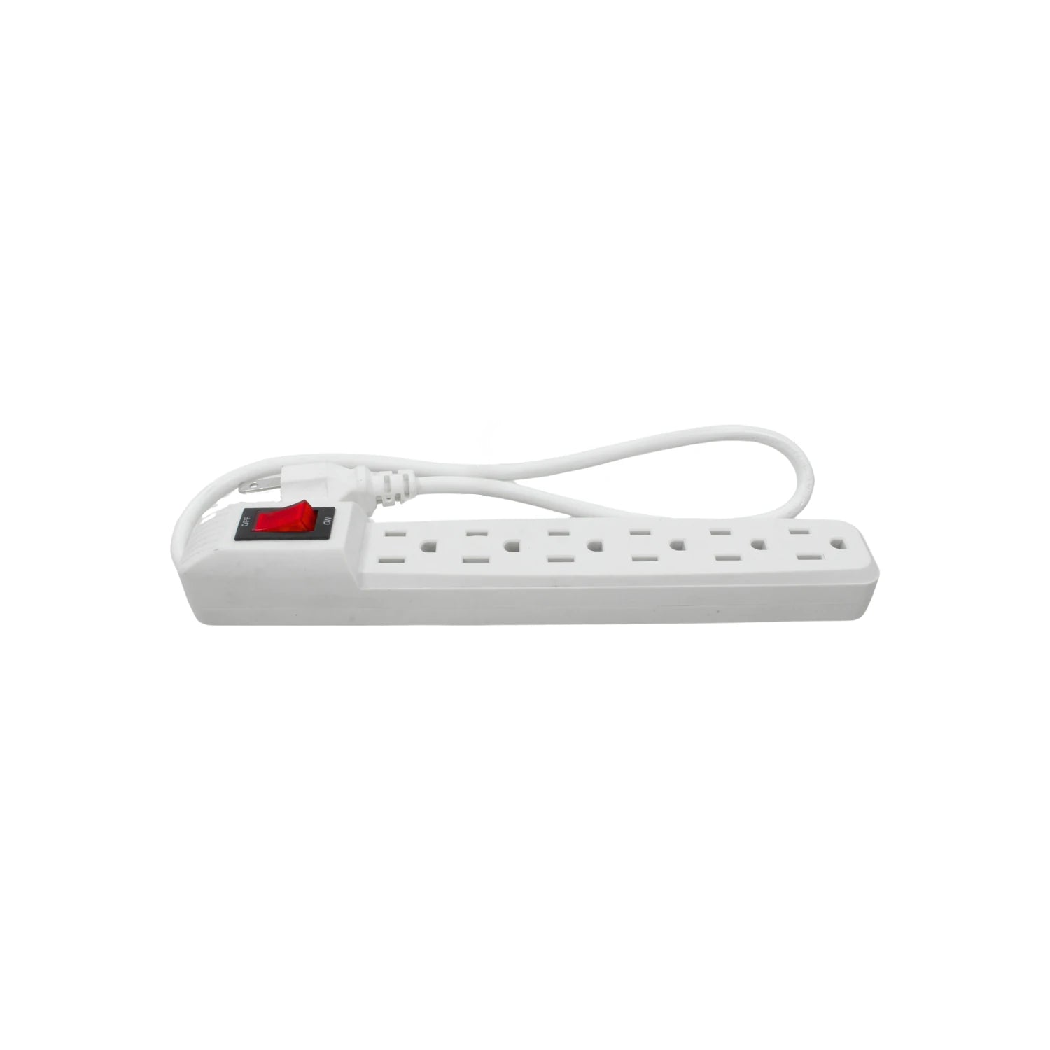 Multicontacto blanco con 5 tomas de corriente polarizadas y un interruptor rojo de encendido/apagado