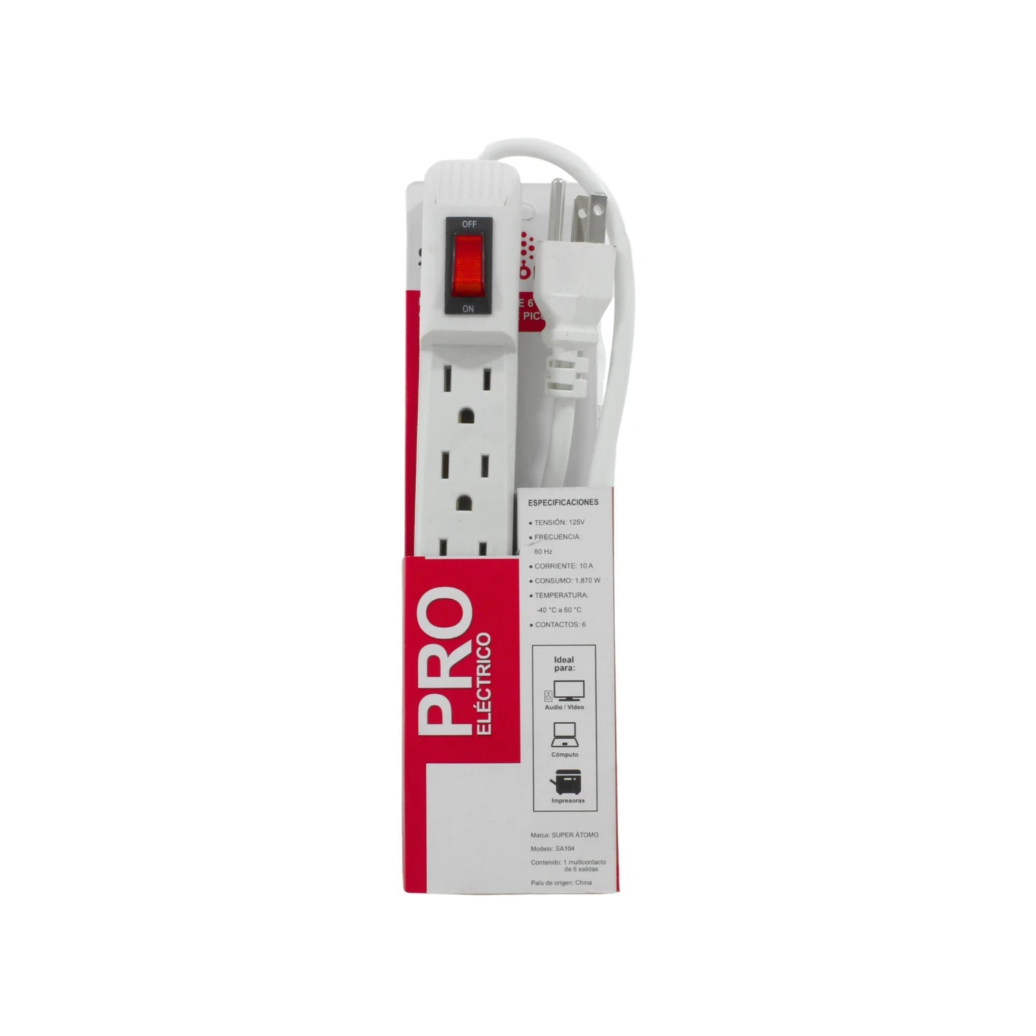 Multicontacto blanco SUPER ÁTOMO de 6 contactos con interruptor, ideal para computadora y electrónica.