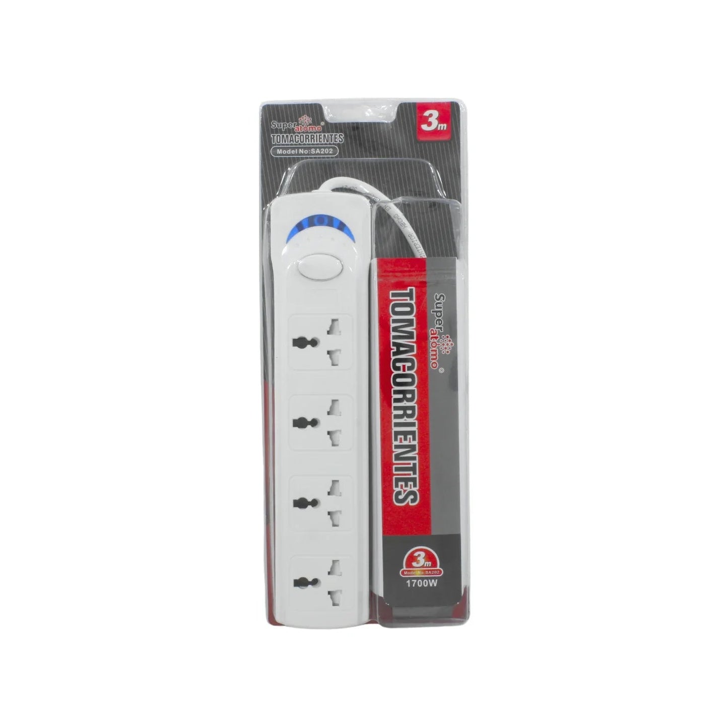 Multicontacto Super Átomo blanco 4 tomas, extensión 3m, 1700W, modelo SA202, para electricidad doméstica.