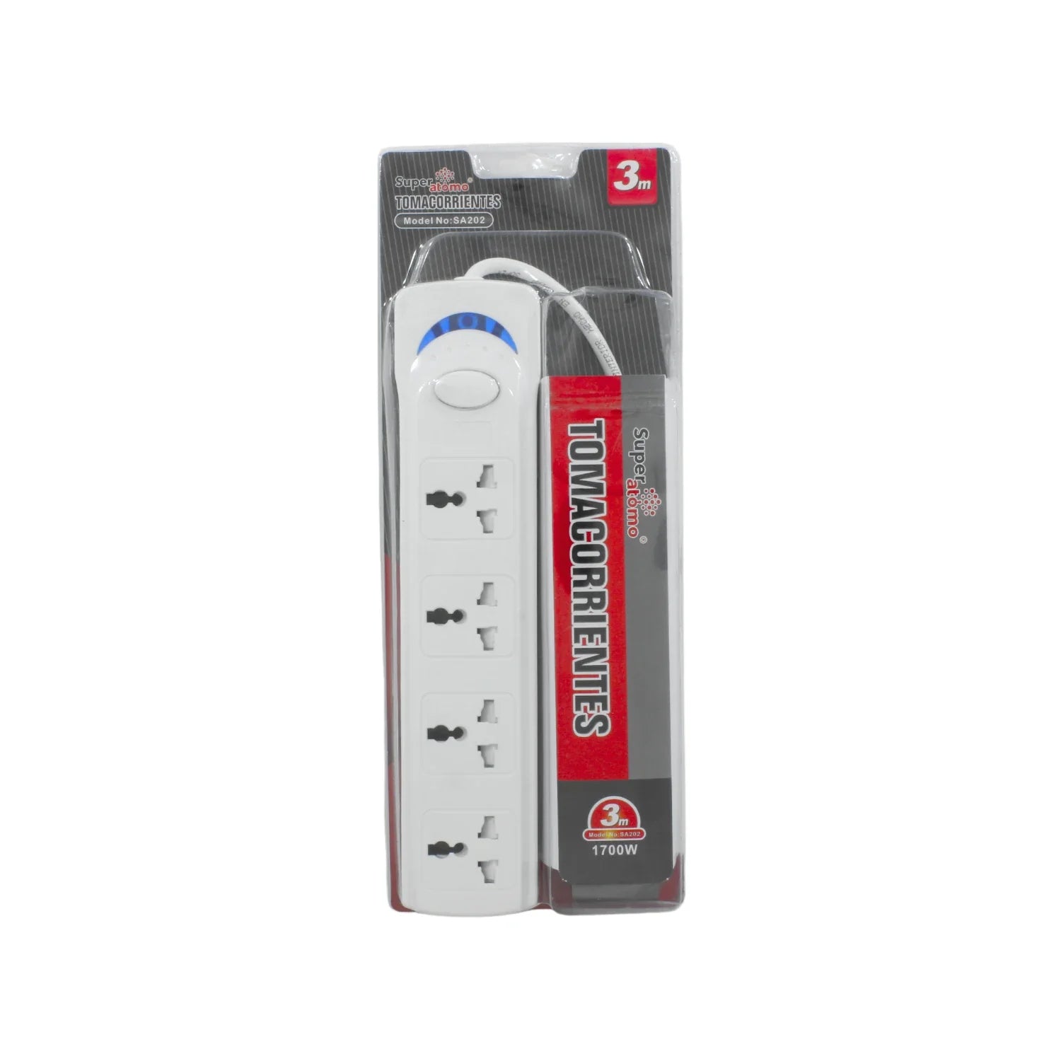 Multicontacto Super Átomo blanco 4 tomas, extensión 3m, 1700W, modelo SA202, para electricidad doméstica.