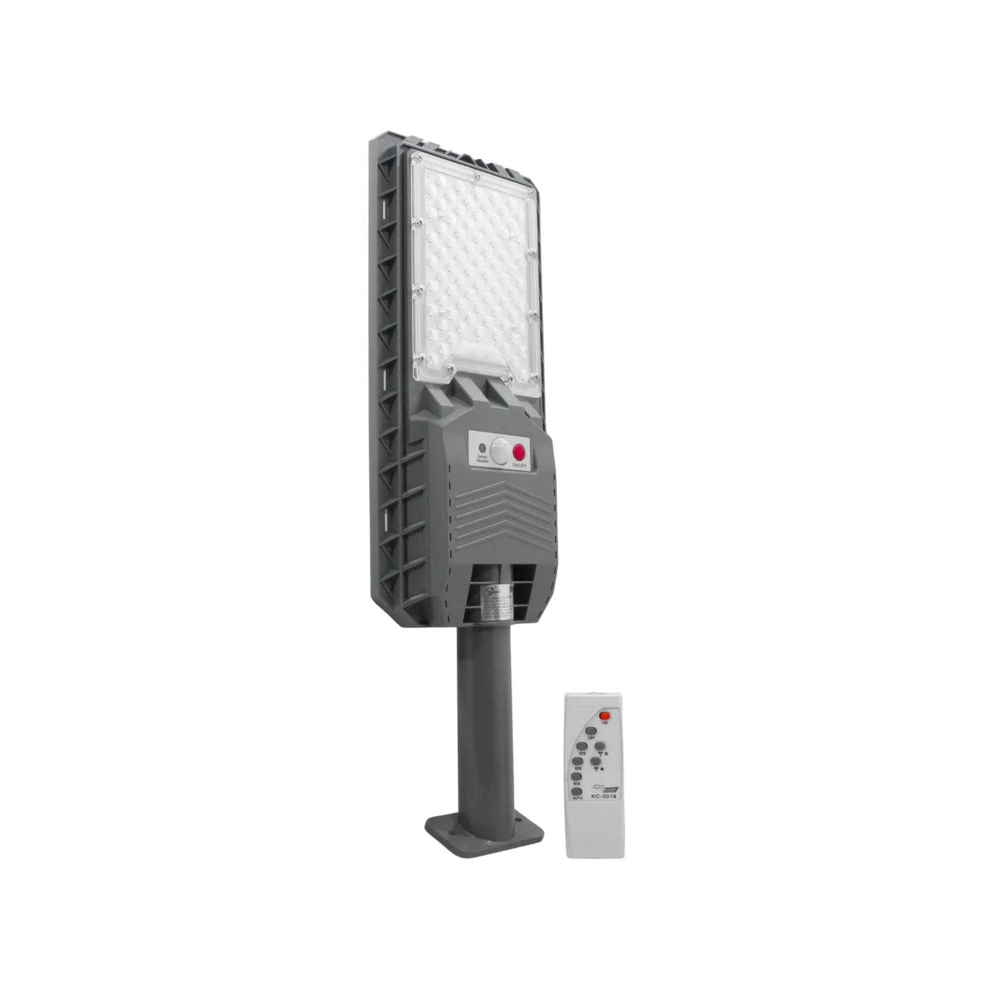 Lámpara solar urbana LED gris con control remoto para exteriores, ideal para iluminación de calles y patios.