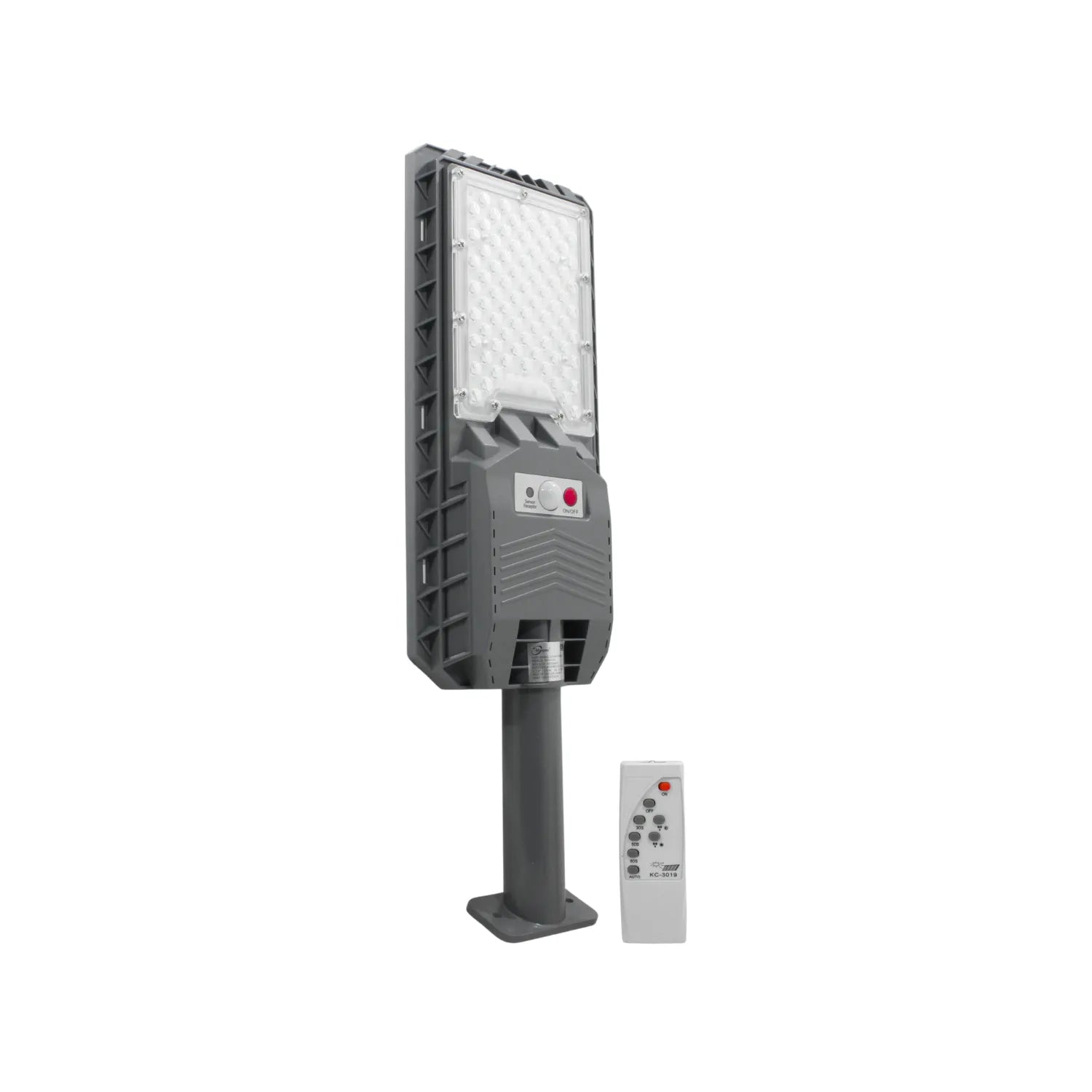 Lámpara solar urbana LED gris con control remoto para exteriores, ideal para iluminación de calles y patios.
