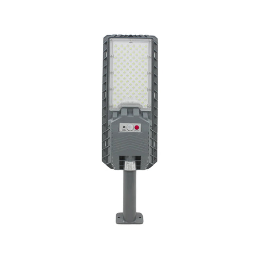 Lámpara solar urbana gris con panel LED, sensor de movimiento y botón ON/OFF para iluminación exterior de calles