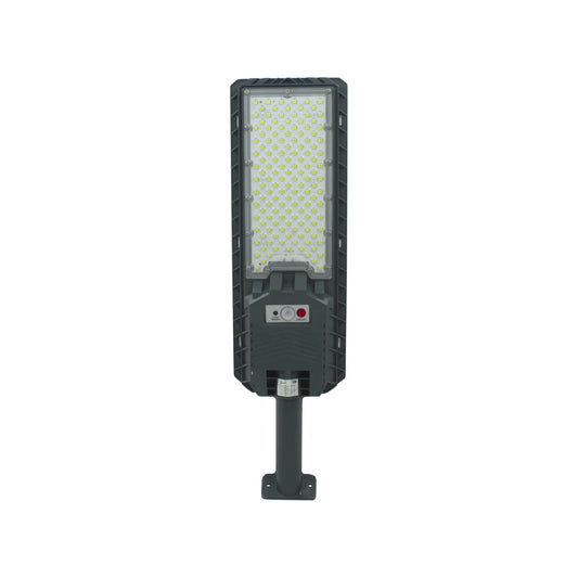 Lámpara solar urbana LED rectangular gris, con panel de LEDs, sensor y botón ON/OFF, para alumbrado exterior.