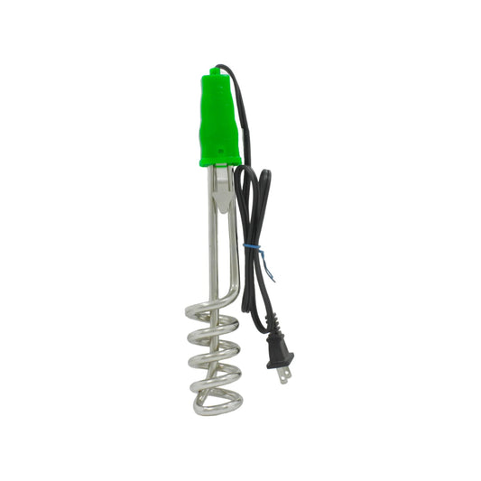 Calentador de agua eléctrico de inmersión portátil con mango verde y resistencia en espiral para líquidos.