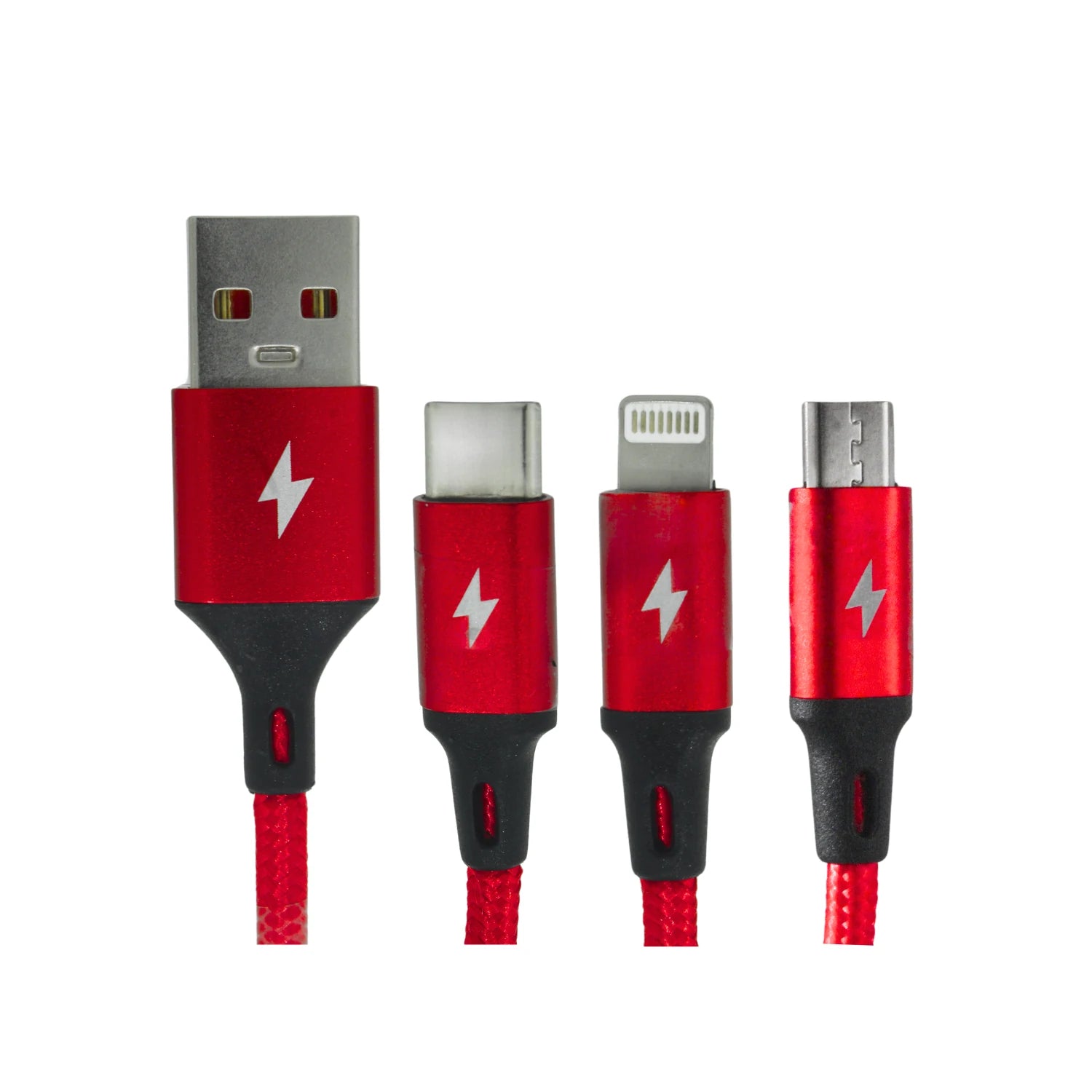 Cable de carga múltiple rojo con conectores USB-A, Tipo C, IPHONE y V8 para dispositivos móviles