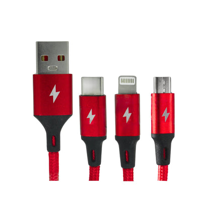 Cable de carga múltiple rojo con conectores USB-A, Tipo C, IPHONE y V8 para dispositivos móviles