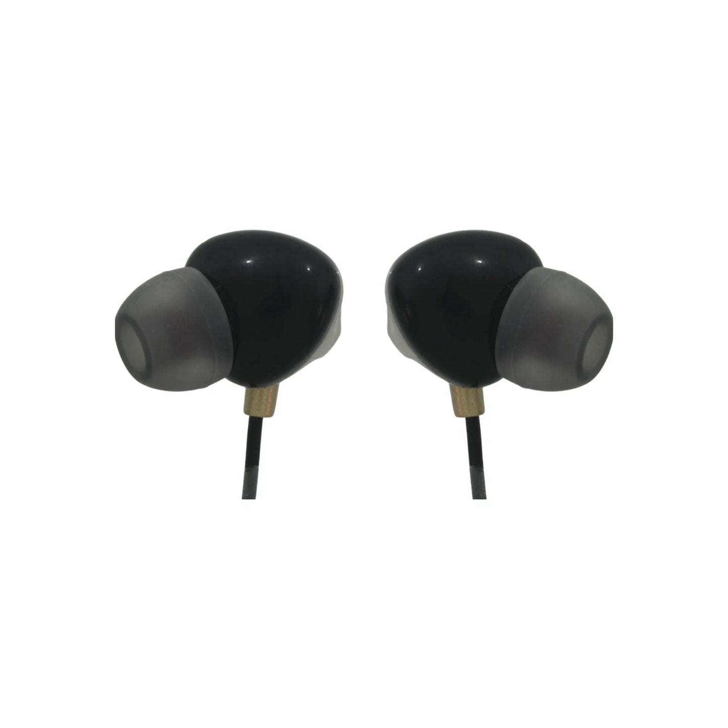 Audífonos in-ear manos libres negros con puntas grises y acento dorado para comunicación y audio