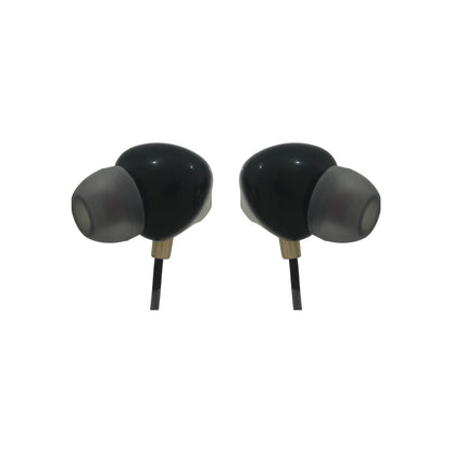 Audífonos in-ear manos libres negros con puntas grises y acento dorado para comunicación y audio