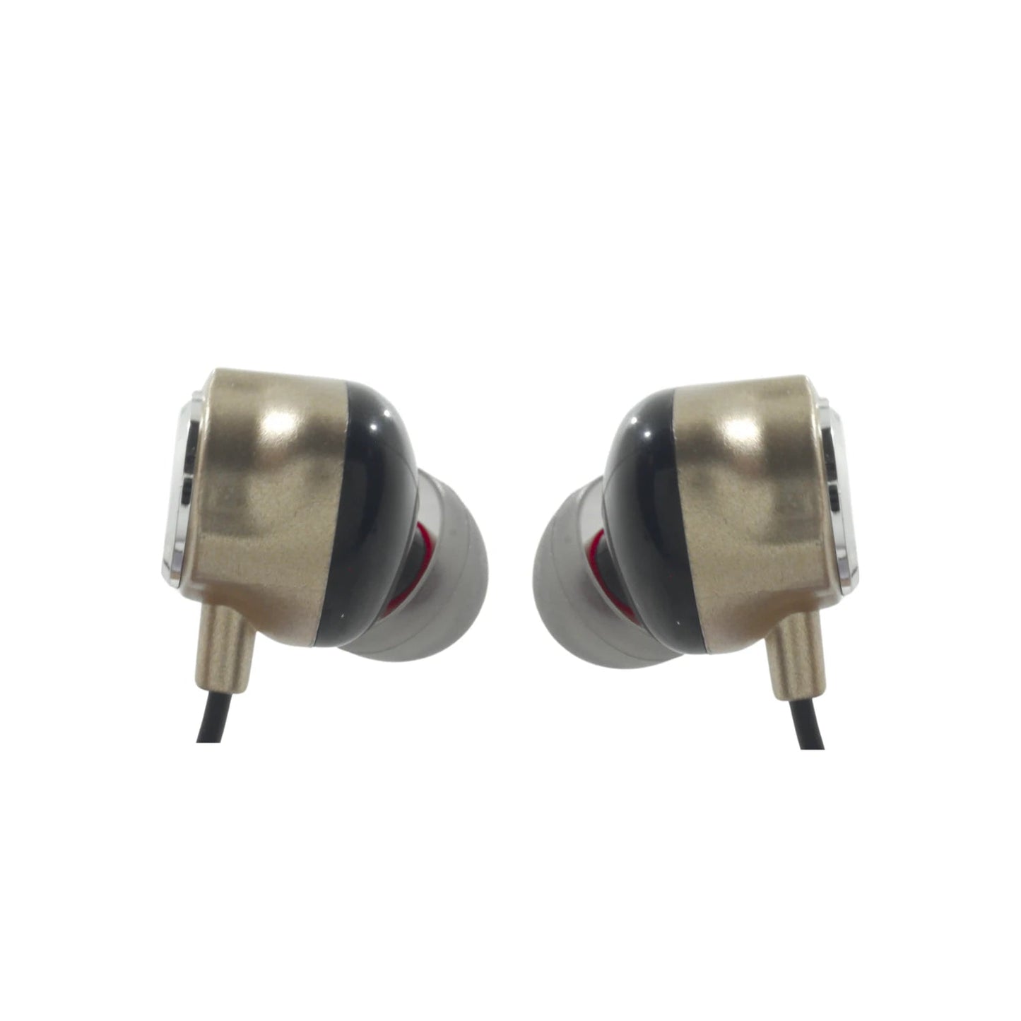 Audífonos in-ear manos libres dorados y negros con cable, puntas de silicona gris, para audio móvil.