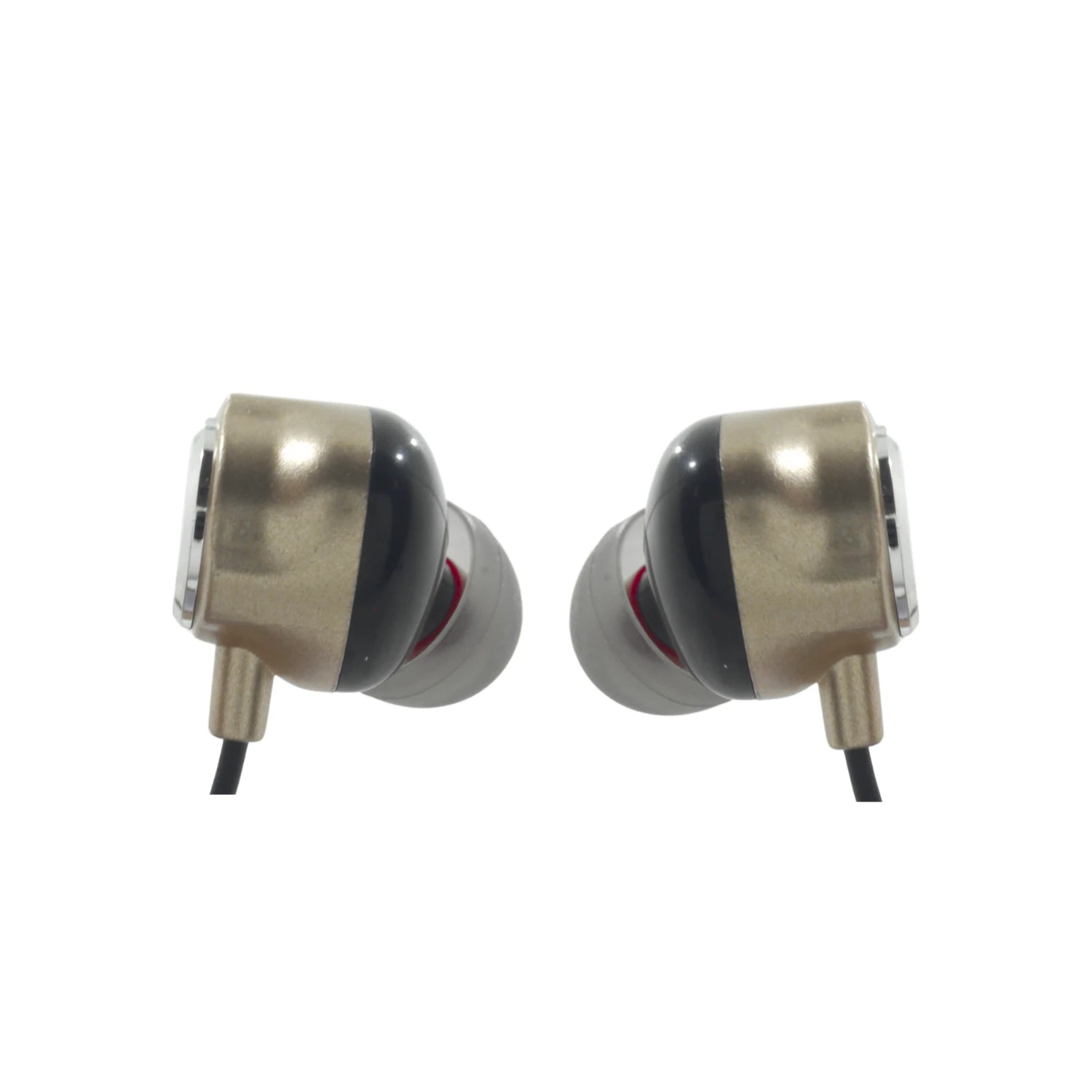 Audífonos in-ear manos libres dorados y negros con cable, puntas de silicona gris, para audio móvil.