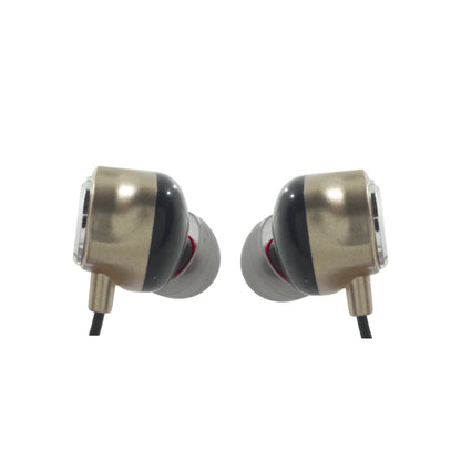 Audífonos in-ear manos libres dorados y negros con cable, puntas de silicona gris, para audio móvil.