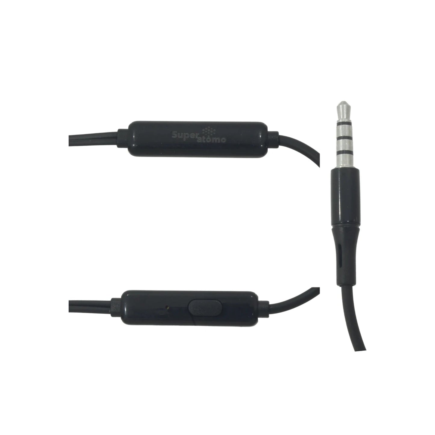 Cable audífonos manos libres Super átomo negro, conector jack 3.5mm y micrófono con botón de control.