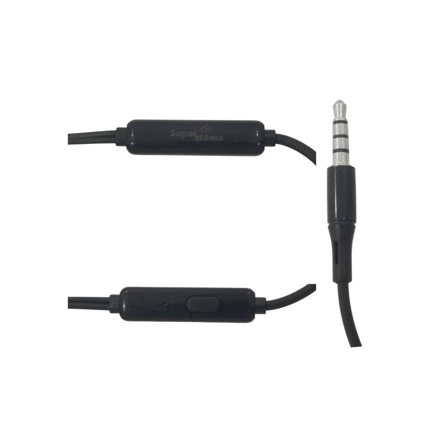Cable audífonos manos libres Super átomo negro, conector jack 3.5mm y micrófono con botón de control.